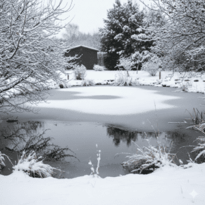 Verschneiter Gartenteich im Winter mit Eisfreihalter in Kassel