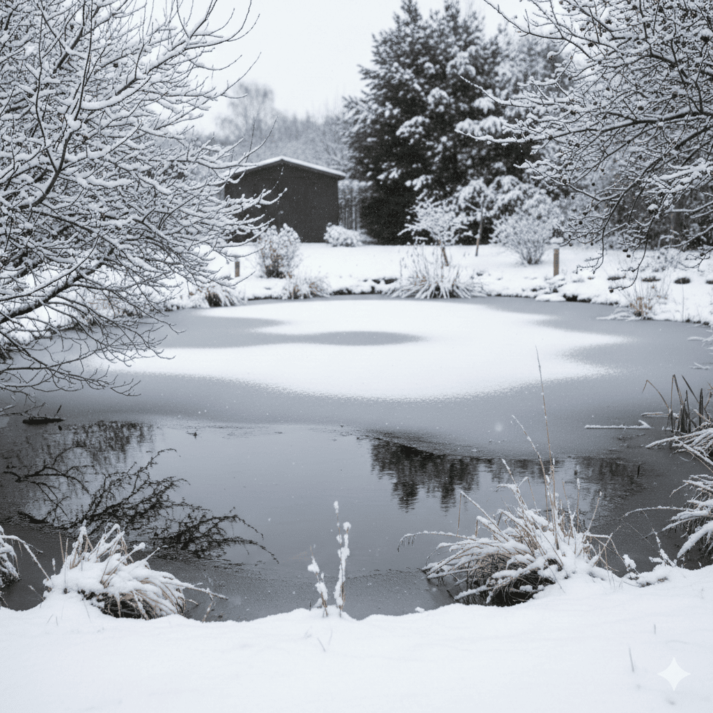 Verschneiter Gartenteich im Winter mit Eisfreihalter in Kassel