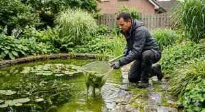 Professionelle Algenbekämpfung am Gartenteich – Fadenalgen werden mit Kescher entfernt