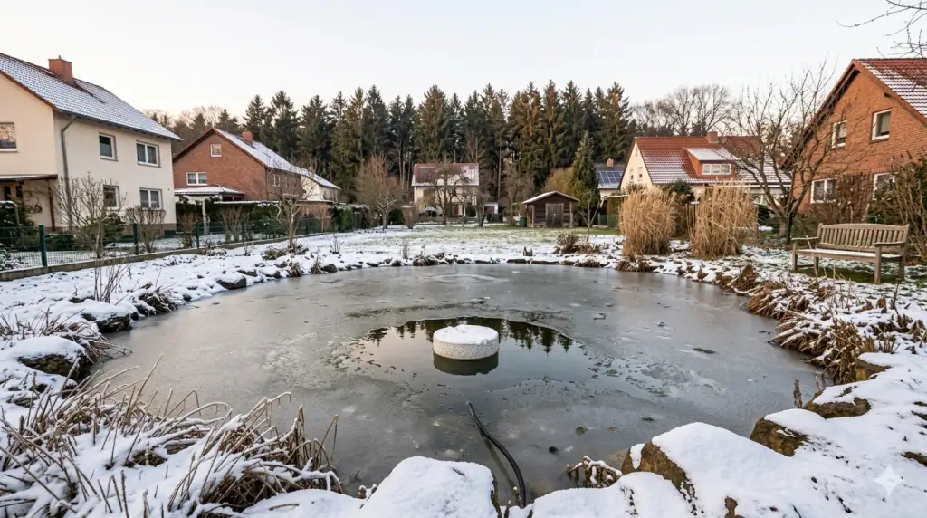 Vereister Gartenteich im Stadtgebiet Kassel mit aktivem Eisfreihalter und Belüfter, mildere Winterstimmung