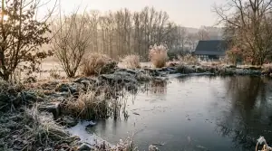 Gartenteich im Februar im Raum Kassel mit rest Eis und Reif – Saisonstart-Indikator für die Teichpflege